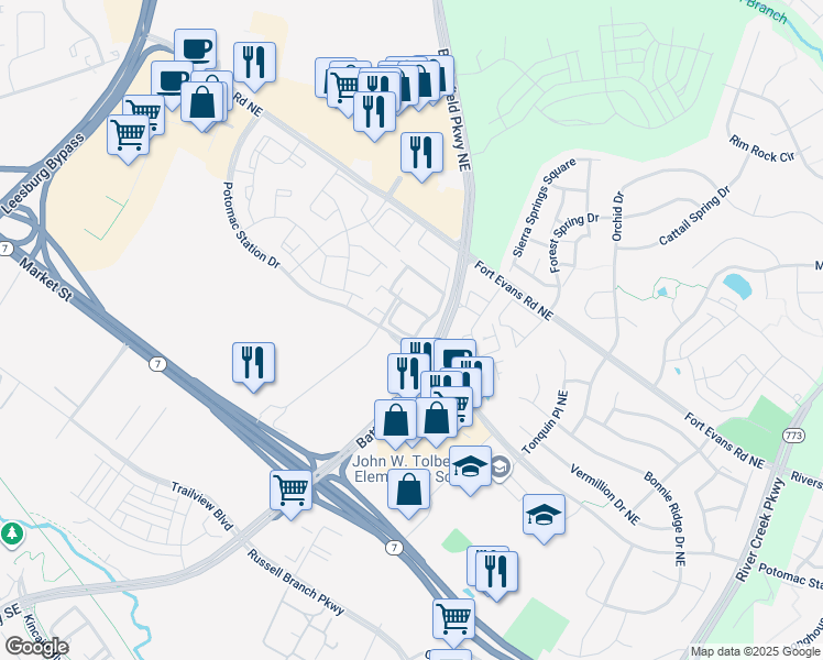 map of restaurants, bars, coffee shops, grocery stores, and more near 503 Edmonton Terrace Northeast in Leesburg