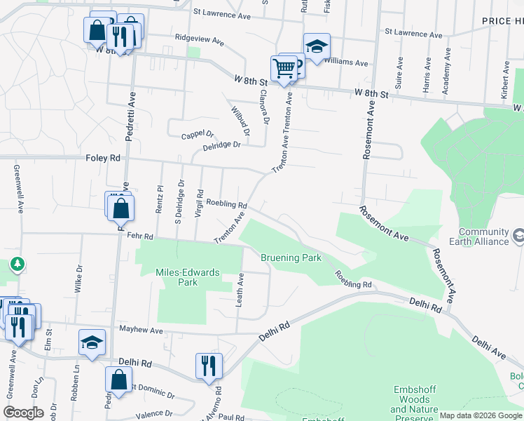 map of restaurants, bars, coffee shops, grocery stores, and more near 572 Trenton Avenue in Cincinnati
