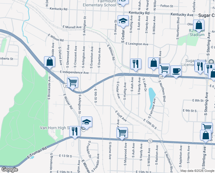 map of restaurants, bars, coffee shops, grocery stores, and more near 10001 East Independence Avenue in Independence