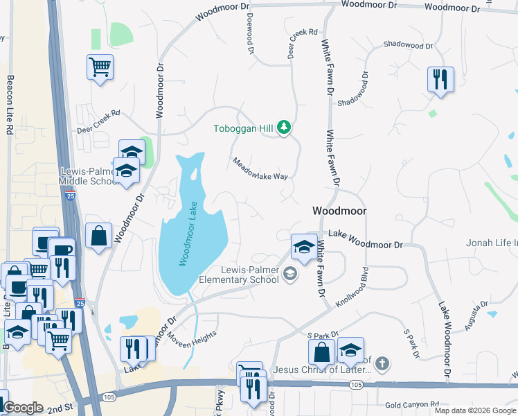 map of restaurants, bars, coffee shops, grocery stores, and more near 1380 Regatta Lane in Monument