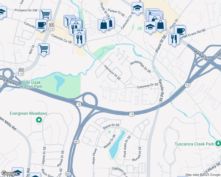 map of restaurants, bars, coffee shops, grocery stores, and more near 676 Gateway Drive Southeast in Leesburg