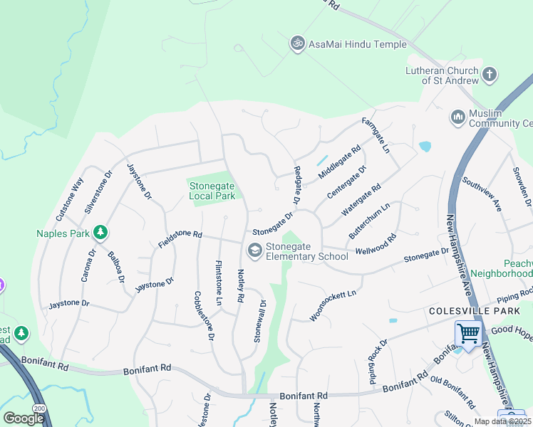 map of restaurants, bars, coffee shops, grocery stores, and more near 302 Notley Court in Silver Spring