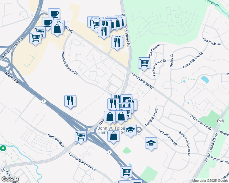 map of restaurants, bars, coffee shops, grocery stores, and more near 505 Edmonton Terrace Northeast in Leesburg