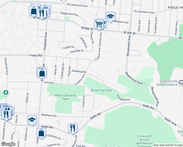 map of restaurants, bars, coffee shops, grocery stores, and more near 572 Trenton Avenue in Cincinnati