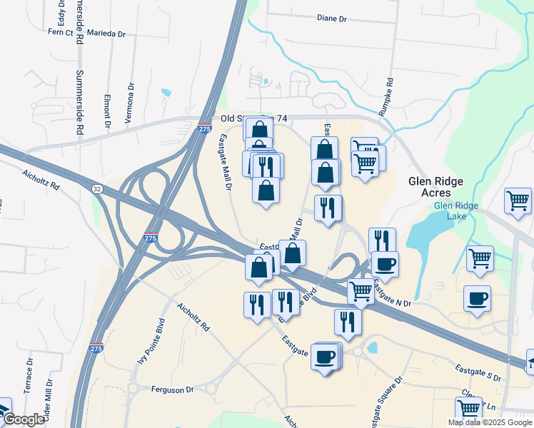 map of restaurants, bars, coffee shops, grocery stores, and more near 4595 Eastgate Boulevard in Cincinnati