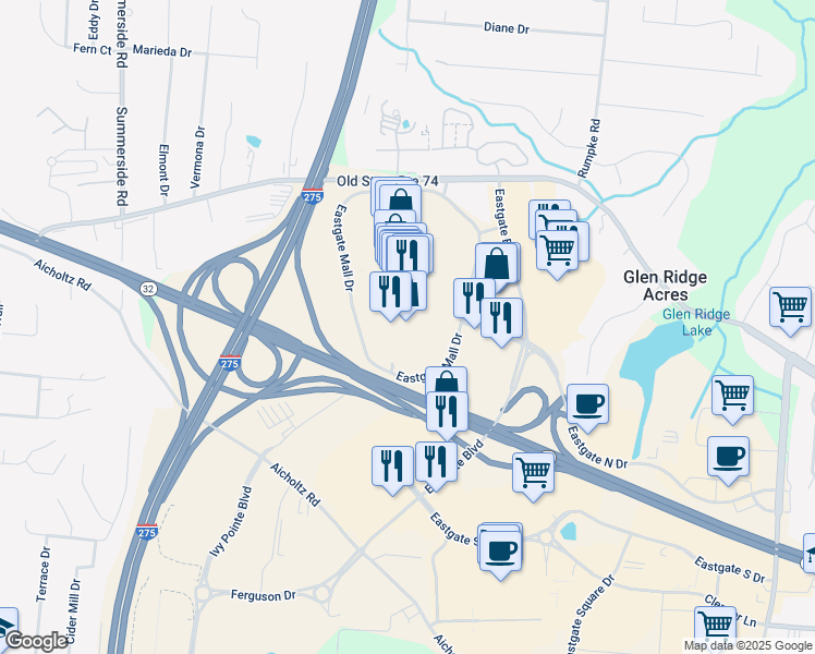 map of restaurants, bars, coffee shops, grocery stores, and more near 4595 Eastgate Boulevard in Cincinnati