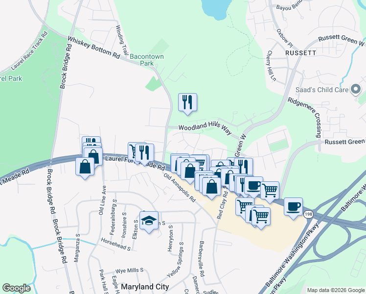 map of restaurants, bars, coffee shops, grocery stores, and more near 8608 Lark Place in Laurel