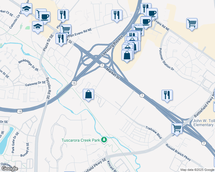 map of restaurants, bars, coffee shops, grocery stores, and more near 825 East Market Street in Leesburg