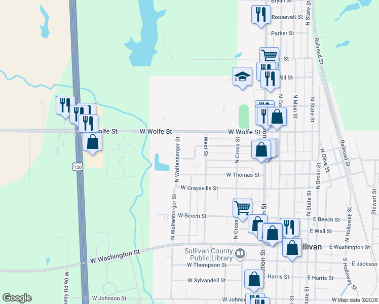 map of restaurants, bars, coffee shops, grocery stores, and more near 611 North Wolfenberger Street in Sullivan