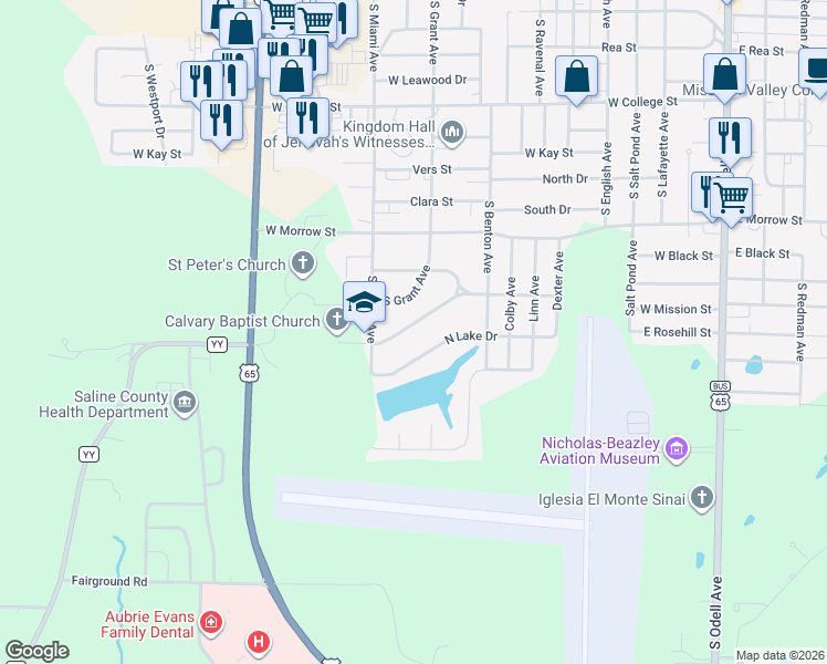 map of restaurants, bars, coffee shops, grocery stores, and more near 712 Briarwood Drive in Marshall