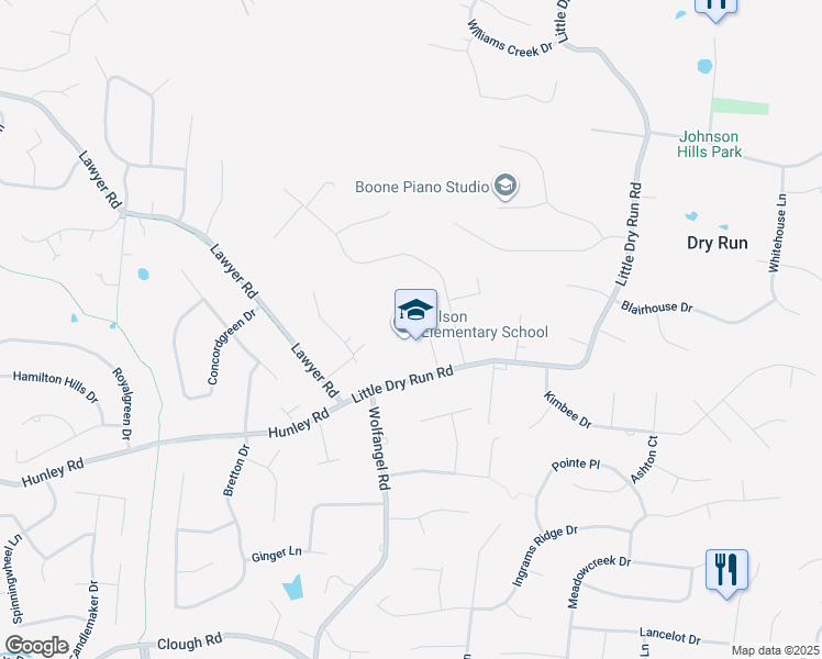 map of restaurants, bars, coffee shops, grocery stores, and more near 2465 Little Dry Run Road in Cincinnati