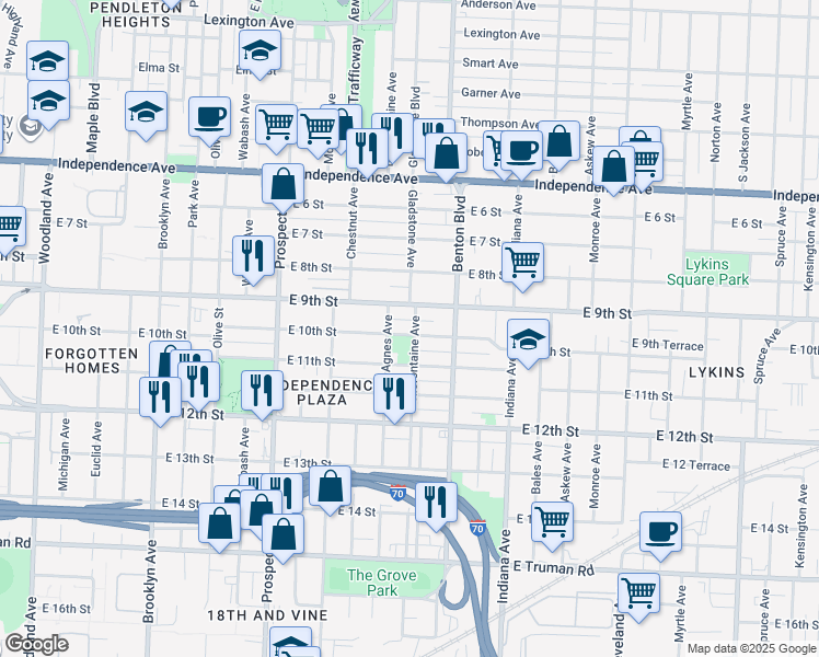 map of restaurants, bars, coffee shops, grocery stores, and more near 3005 East 9th Street in Kansas City