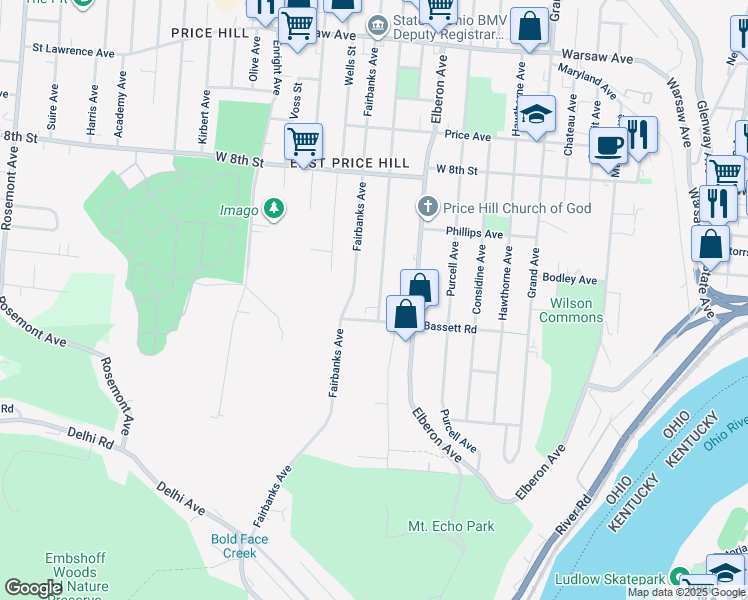 map of restaurants, bars, coffee shops, grocery stores, and more near 519 Woodlawn Avenue in Cincinnati