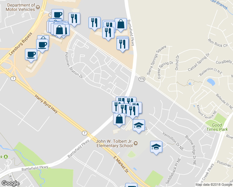 map of restaurants, bars, coffee shops, grocery stores, and more near 524 Twintree Terrace Northeast in Leesburg