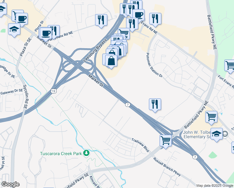 map of restaurants, bars, coffee shops, grocery stores, and more near Harry Byrd Highway in Leesburg