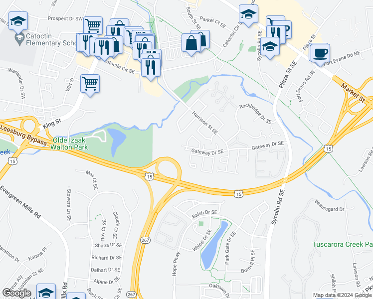 map of restaurants, bars, coffee shops, grocery stores, and more near 708 Gateway Drive Southeast in Leesburg
