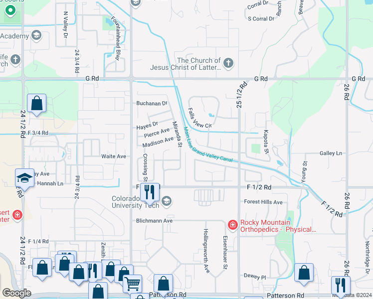 map of restaurants, bars, coffee shops, grocery stores, and more near 670 Miranda Street in Grand Junction