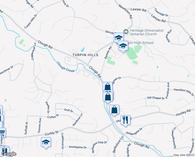 map of restaurants, bars, coffee shops, grocery stores, and more near 6499 Clough Pike in Cincinnati