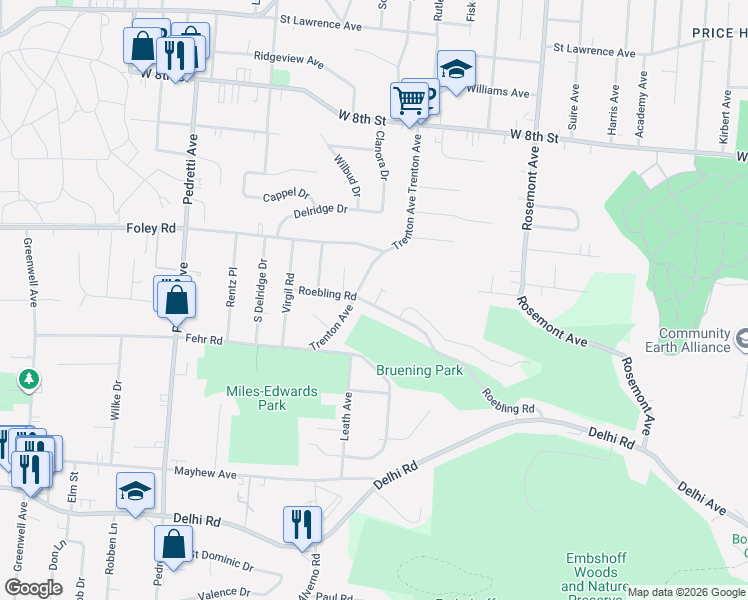 map of restaurants, bars, coffee shops, grocery stores, and more near 572 Trenton Avenue in Cincinnati