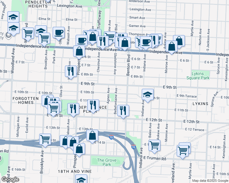 map of restaurants, bars, coffee shops, grocery stores, and more near 3005 East 9th Street in Kansas City