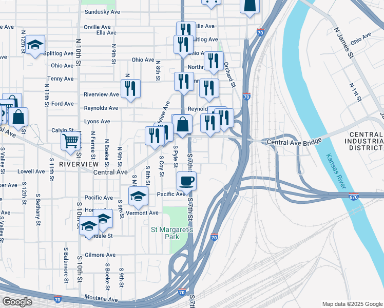 map of restaurants, bars, coffee shops, grocery stores, and more near 15 South 7th Street in Kansas City