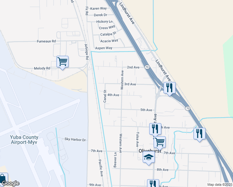 map of restaurants, bars, coffee shops, grocery stores, and more near 1599 4th Avenue in Olivehurst