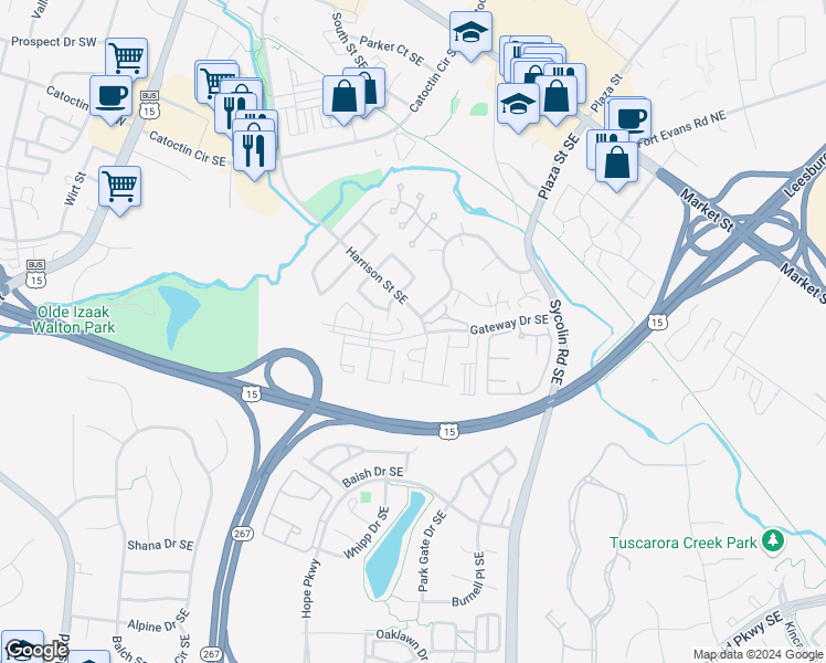 map of restaurants, bars, coffee shops, grocery stores, and more near 666 Gateway Drive Southeast in Leesburg