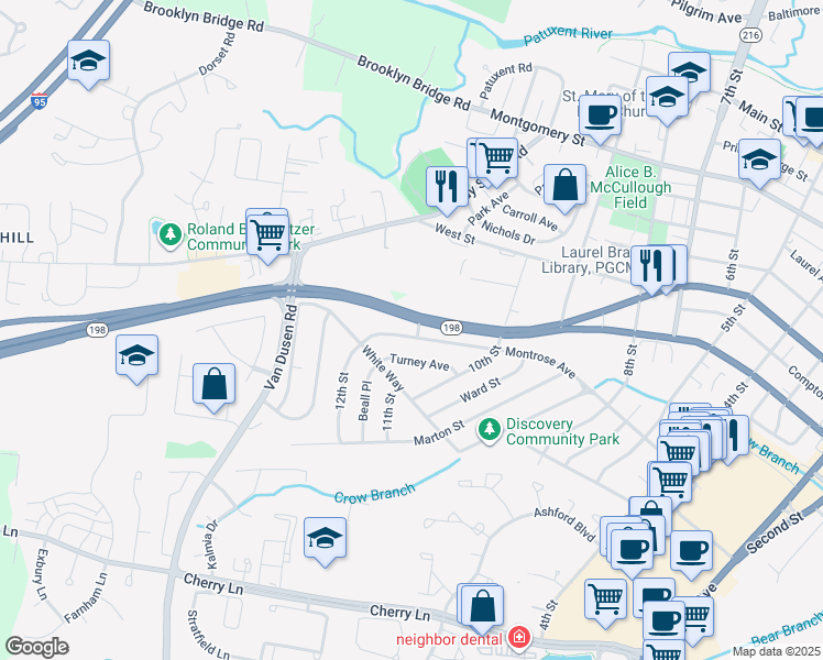 map of restaurants, bars, coffee shops, grocery stores, and more near 1101 Montrose Avenue in Laurel