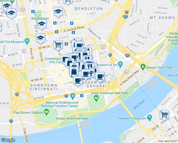 map of restaurants, bars, coffee shops, grocery stores, and more near 255 East 5th Street in Cincinnati