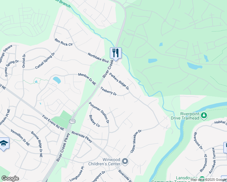 map of restaurants, bars, coffee shops, grocery stores, and more near 18582 Dettington Court in Leesburg