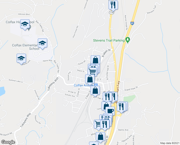 map of restaurants, bars, coffee shops, grocery stores, and more near 49 Depot St in Colfax
