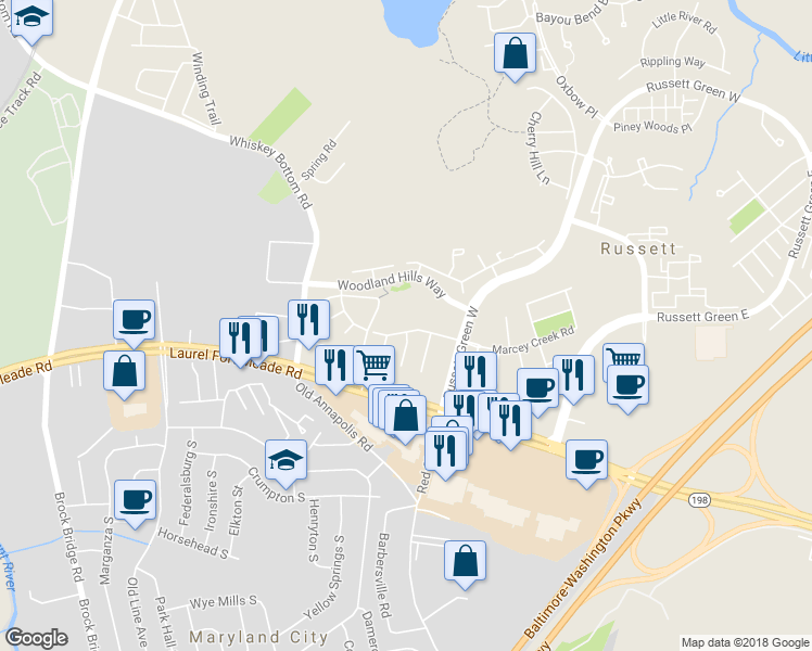map of restaurants, bars, coffee shops, grocery stores, and more near 3626 Marcey Creek Road in Laurel