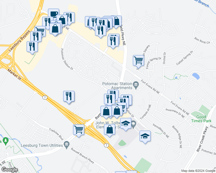 map of restaurants, bars, coffee shops, grocery stores, and more near 522 Twintree Terrace Northeast in Leesburg