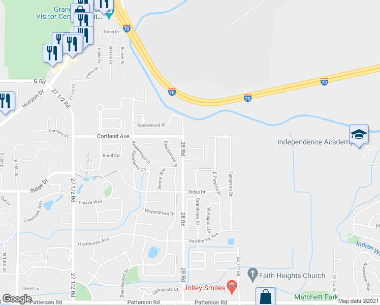 map of restaurants, bars, coffee shops, grocery stores, and more near 2805 Laddie Way in Grand Junction
