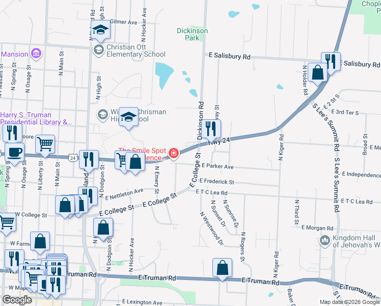 map of restaurants, bars, coffee shops, grocery stores, and more near 705 East US Highway 24 in Independence