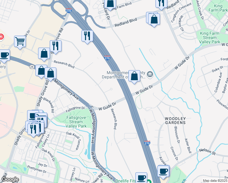 map of restaurants, bars, coffee shops, grocery stores, and more near 2273 Research Boulevard in Rockville