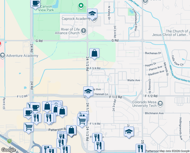 map of restaurants, bars, coffee shops, grocery stores, and more near 671 Pleasant Court in Grand Junction