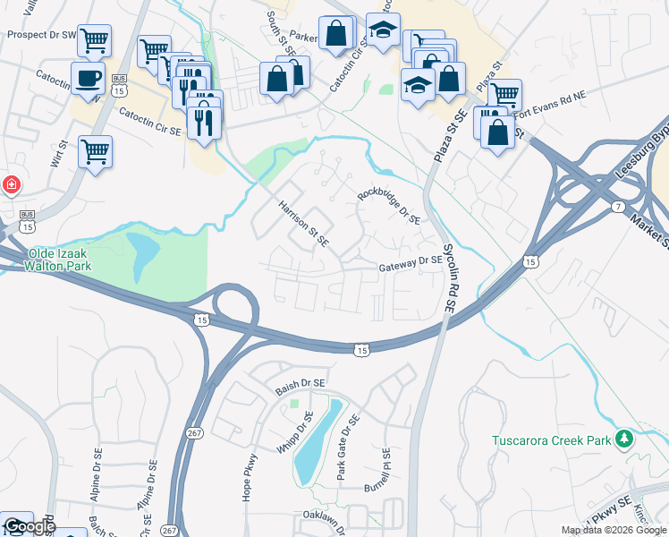 map of restaurants, bars, coffee shops, grocery stores, and more near 664 Gateway Drive Southeast in Leesburg