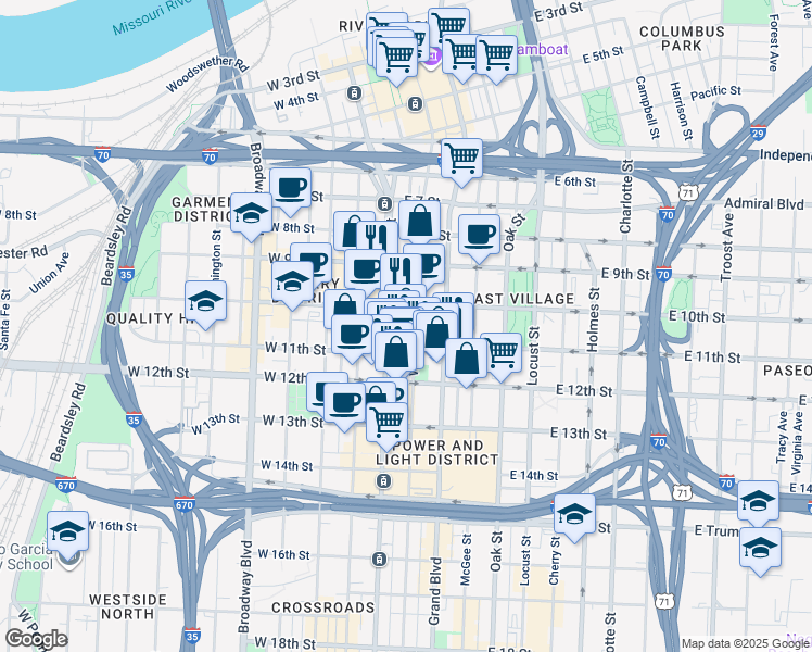 map of restaurants, bars, coffee shops, grocery stores, and more near 1010 Walnut Street in Kansas City