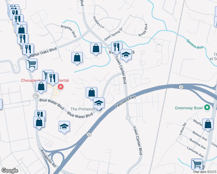 map of restaurants, bars, coffee shops, grocery stores, and more near 2002 Astilbe Way in Odenton