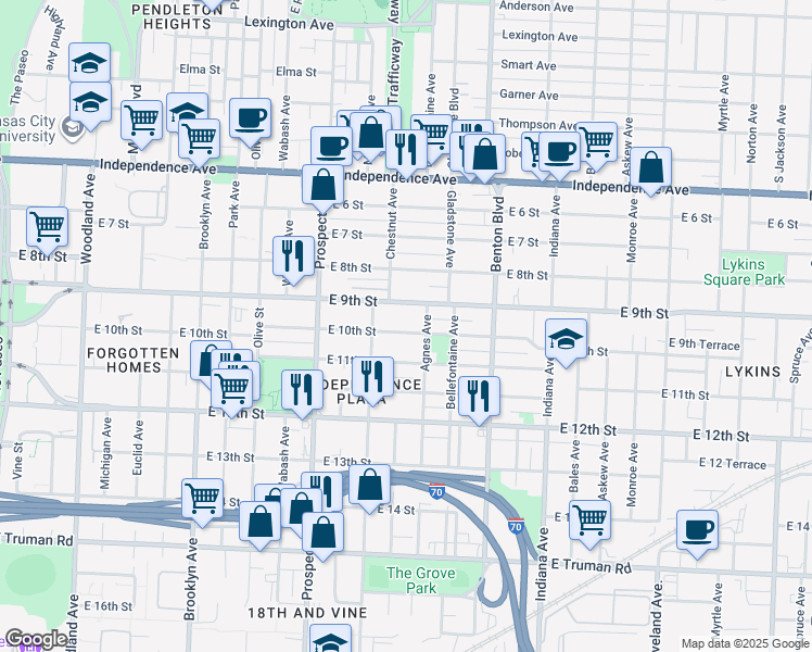 map of restaurants, bars, coffee shops, grocery stores, and more near 2823 East 9th Street in Kansas City