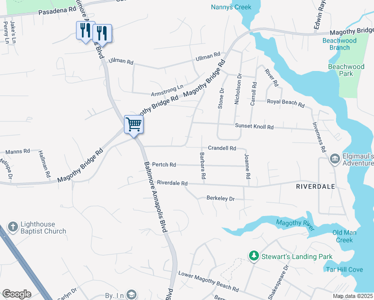 map of restaurants, bars, coffee shops, grocery stores, and more near 271 Crandell Road in Severna Park