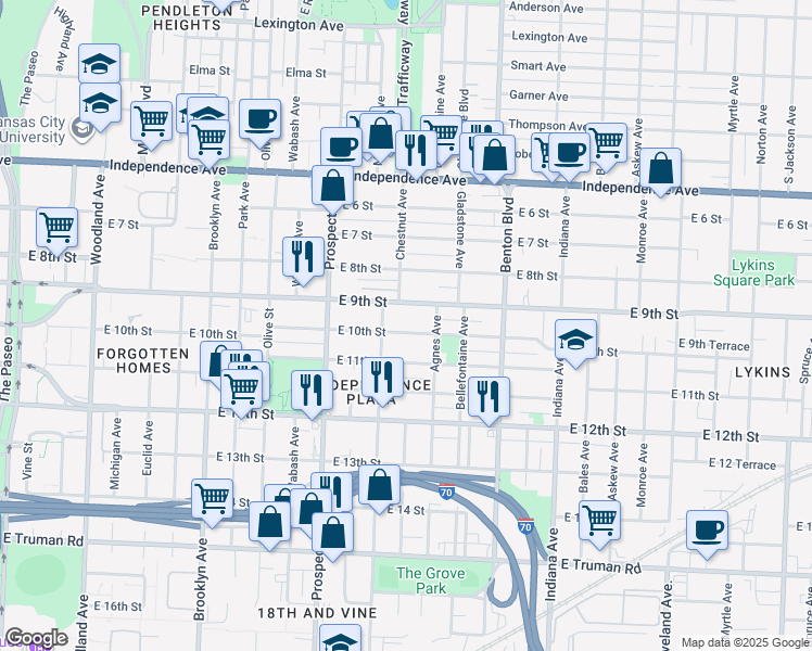 map of restaurants, bars, coffee shops, grocery stores, and more near 2823 East 9th Street in Kansas City