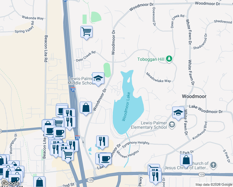 map of restaurants, bars, coffee shops, grocery stores, and more near 1747 Woodmoor Drive in Monument