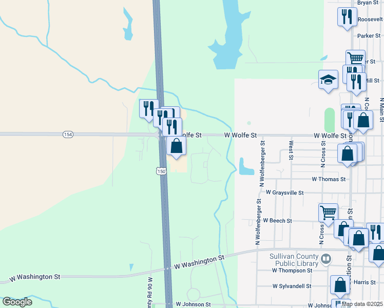 map of restaurants, bars, coffee shops, grocery stores, and more near 798 W Greenbrier Ln in Sullivan