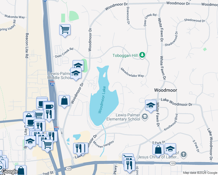map of restaurants, bars, coffee shops, grocery stores, and more near 18665 Lower Lake Road in Monument