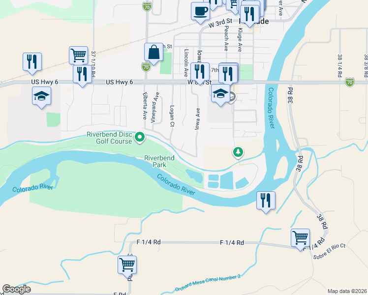 map of restaurants, bars, coffee shops, grocery stores, and more near 911 William Court in Palisade