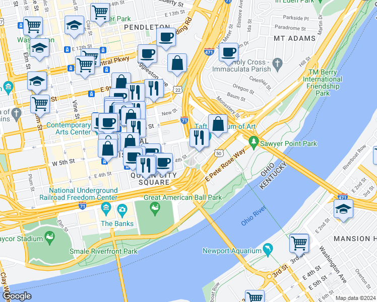 map of restaurants, bars, coffee shops, grocery stores, and more near 526 East 4th Street in Cincinnati