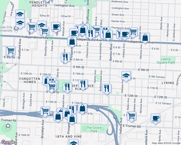 map of restaurants, bars, coffee shops, grocery stores, and more near 2823 East 9th Street in Kansas City