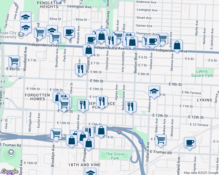 map of restaurants, bars, coffee shops, grocery stores, and more near 2823 East 9th Street in Kansas City